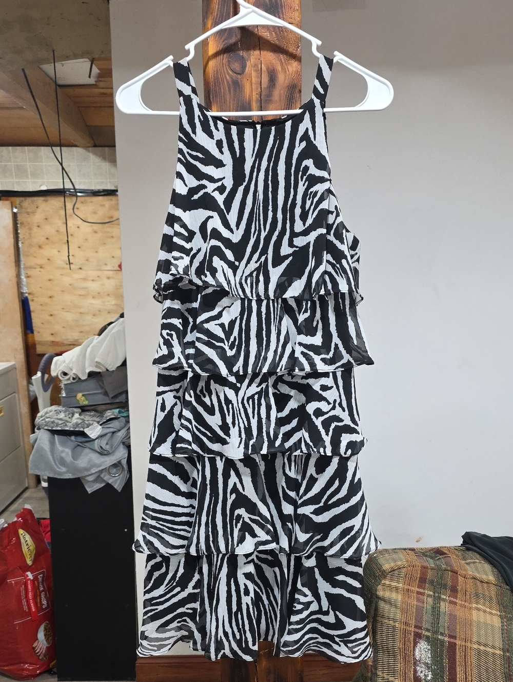 S.L. Fashions Black and White Asymmetrical Zebra Tiered Dress